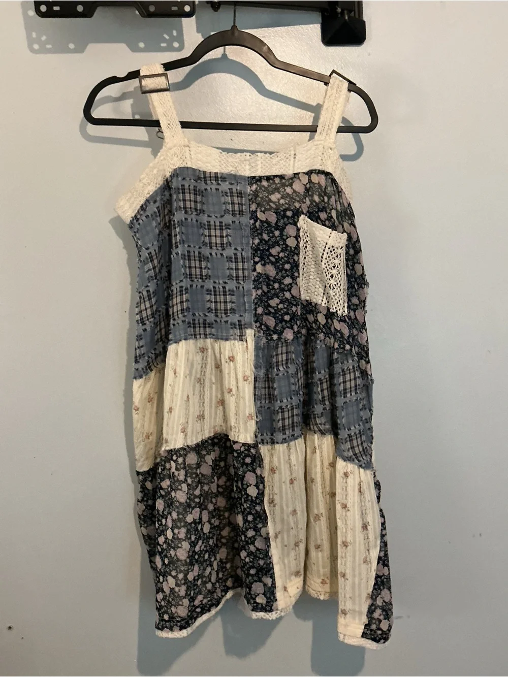 POL Patchwork Floral Tiered Dress in Blue & Cream - Picture 1 of 3